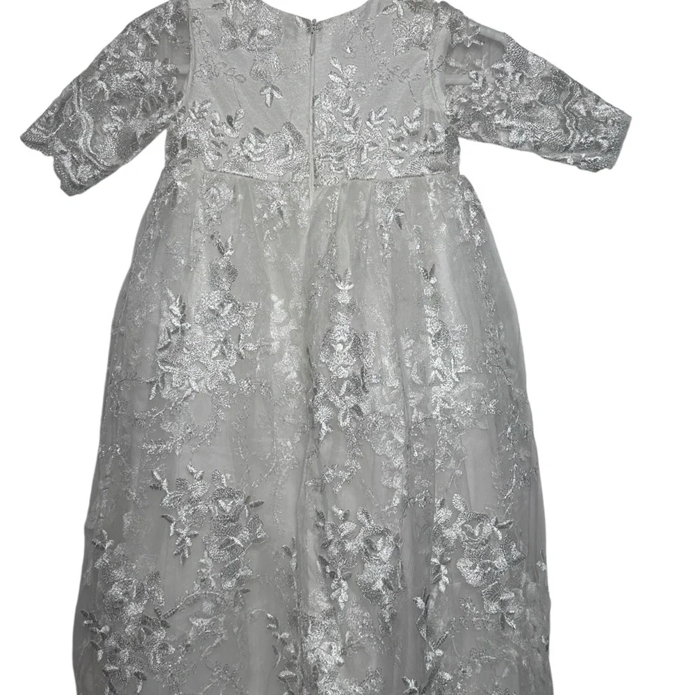 White Floral Lace Christening Gown Silver‎ Metallic Embroidery Baptism Dress